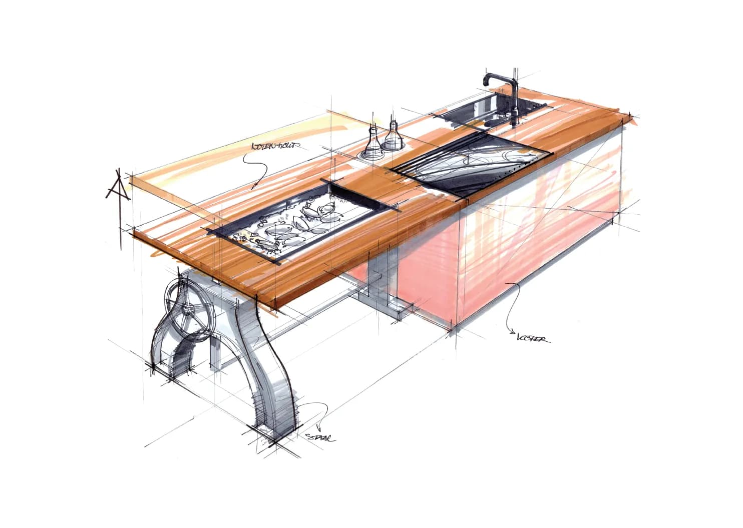 Hand drawn sketch of a custom made industrial kitchen island on a cast base