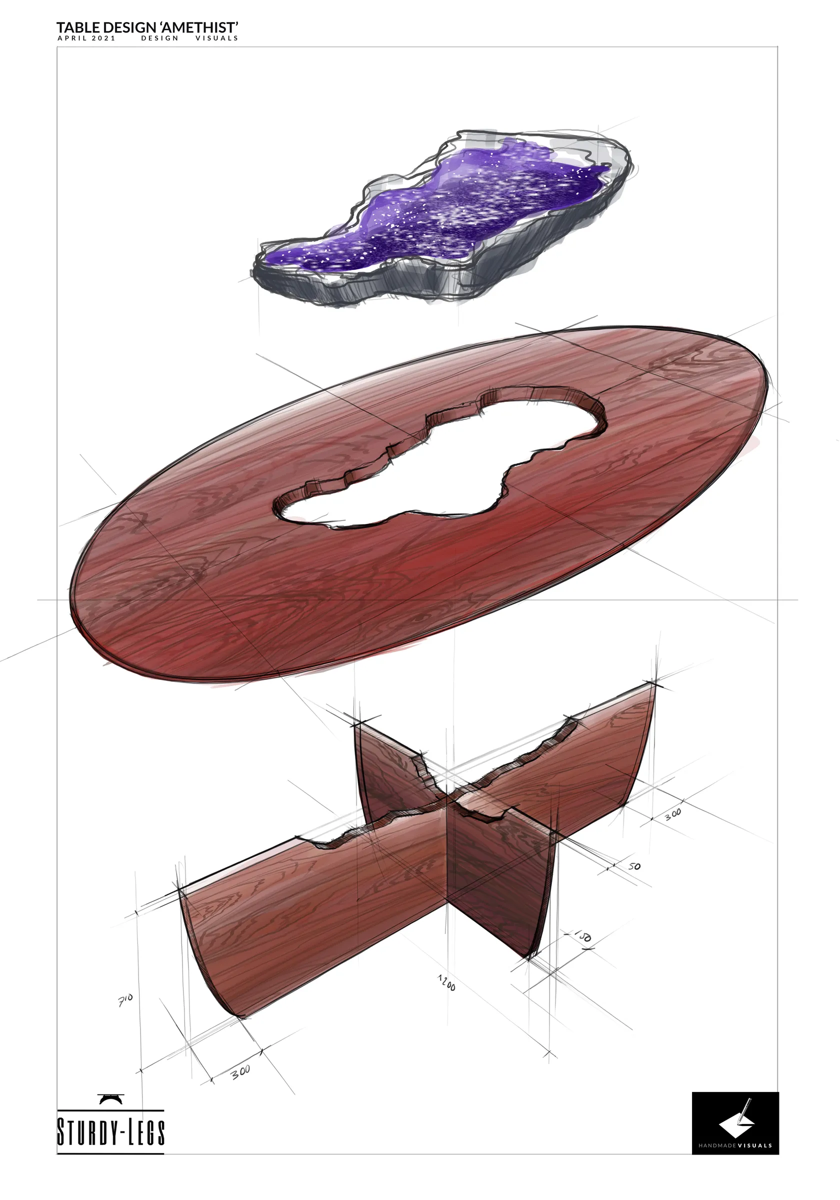Design drawing of the Amethist table: an oval wooden top with an amethyst inlay above its base